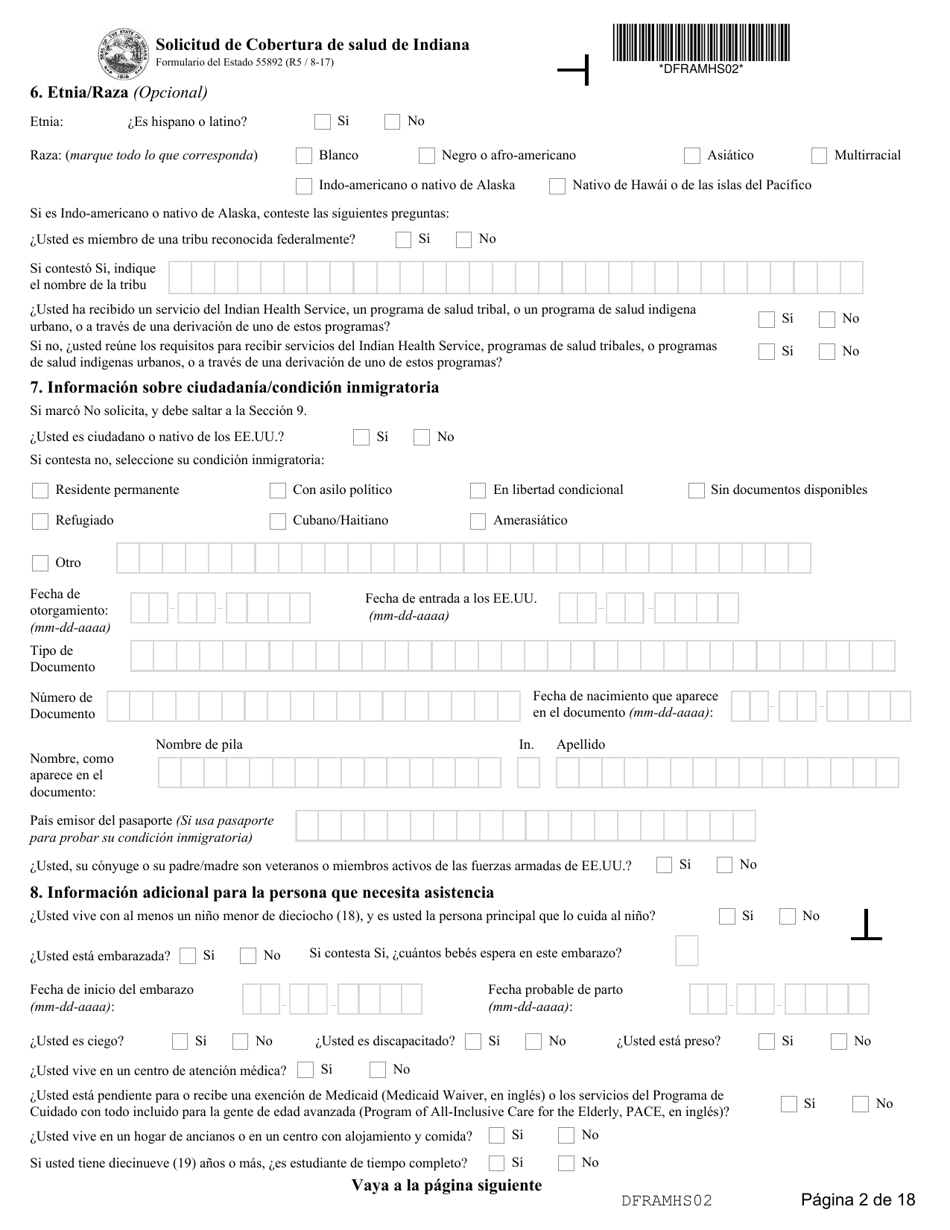 State Formulario 55390 Solicitud De Cobertura De Salud De Indiana - Indiana (Spanish), Page 2