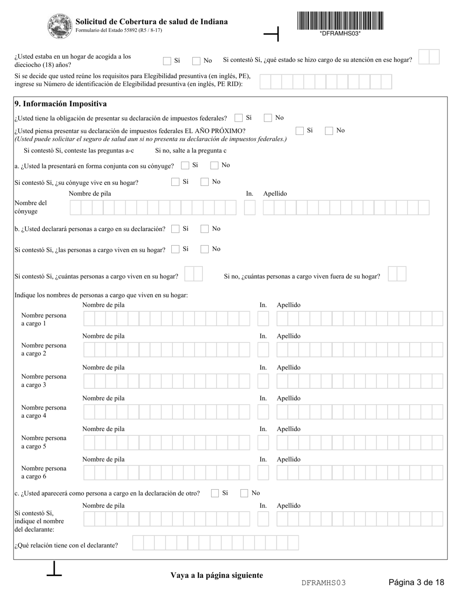 State Formulario 55390 Solicitud De Cobertura De Salud De Indiana - Indiana (Spanish), Page 3