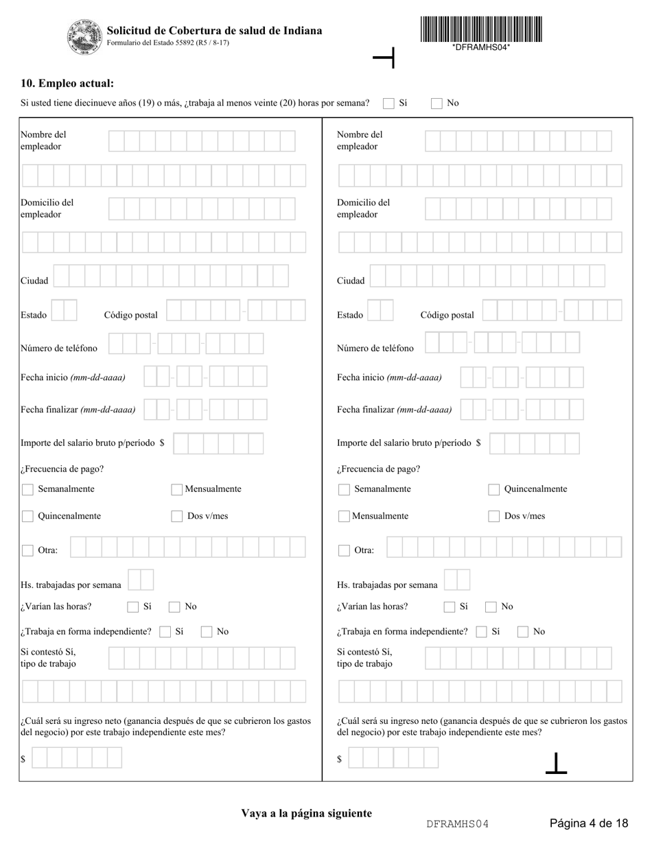 State Formulario 55390 Solicitud De Cobertura De Salud De Indiana - Indiana (Spanish), Page 4
