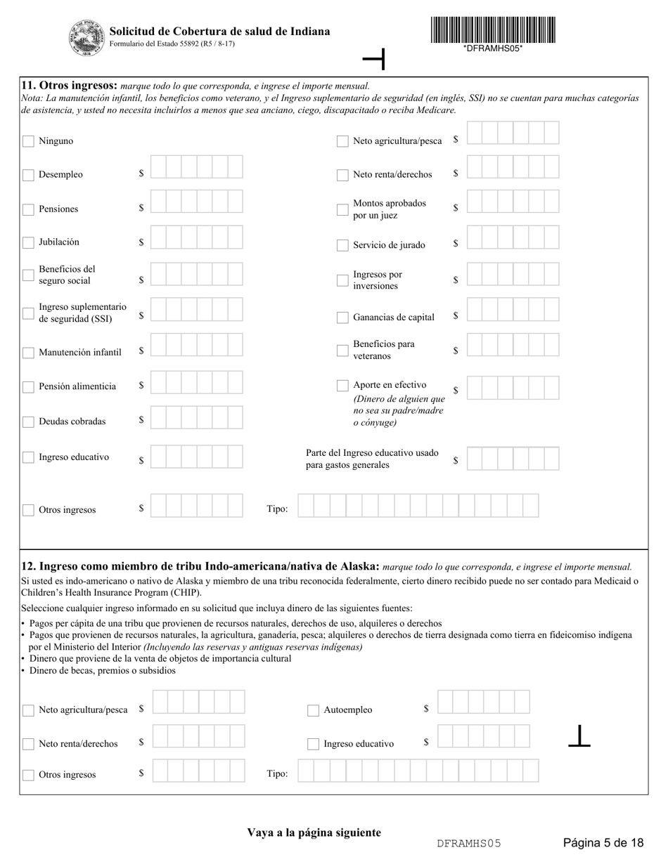 State Formulario 55390 Solicitud De Cobertura De Salud De Indiana - Indiana (Spanish), Page 5