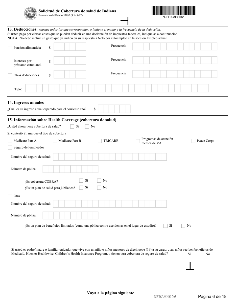 State Formulario 55390 Solicitud De Cobertura De Salud De Indiana - Indiana (Spanish), Page 6