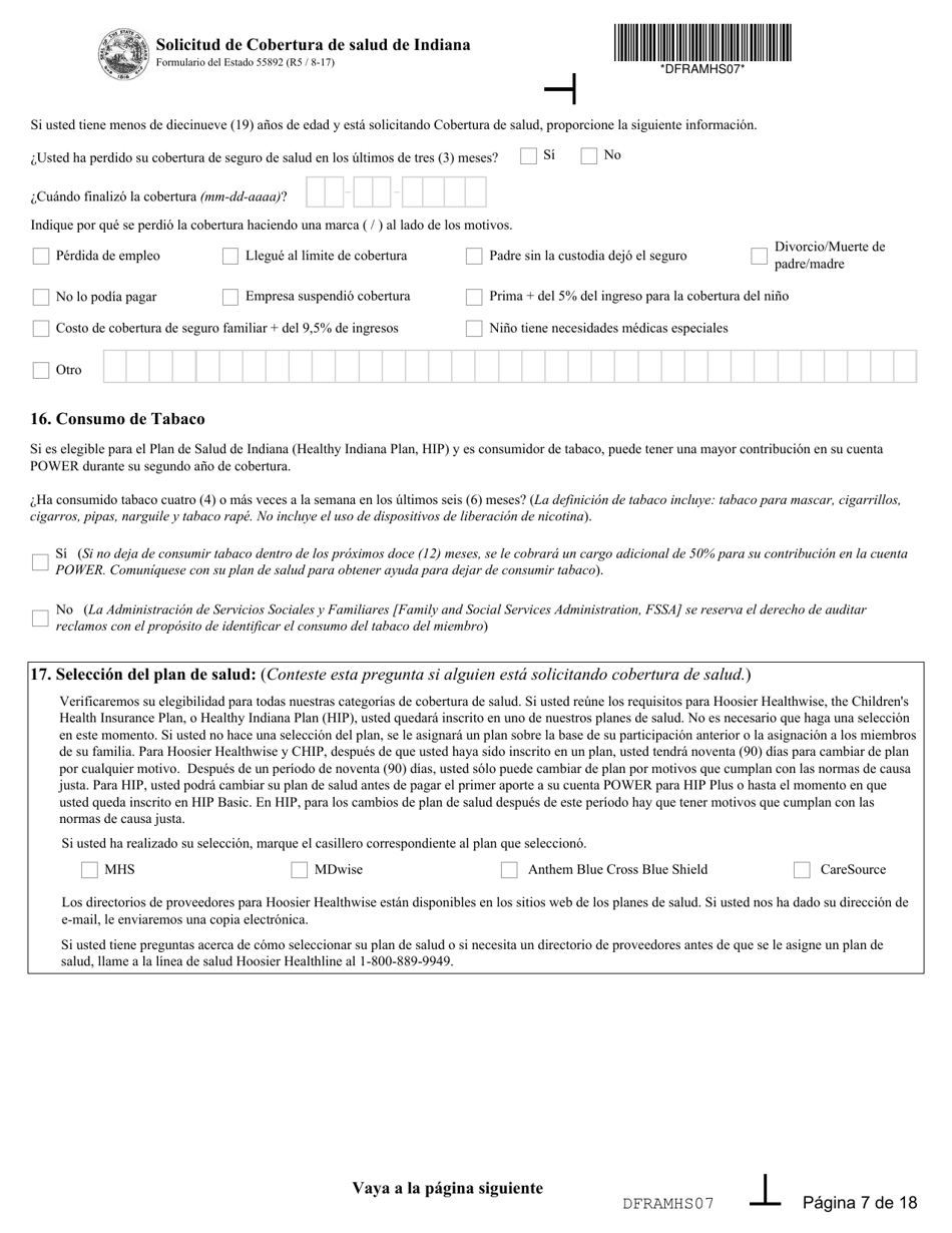 State Formulario 55390 Solicitud De Cobertura De Salud De Indiana - Indiana (Spanish), Page 7