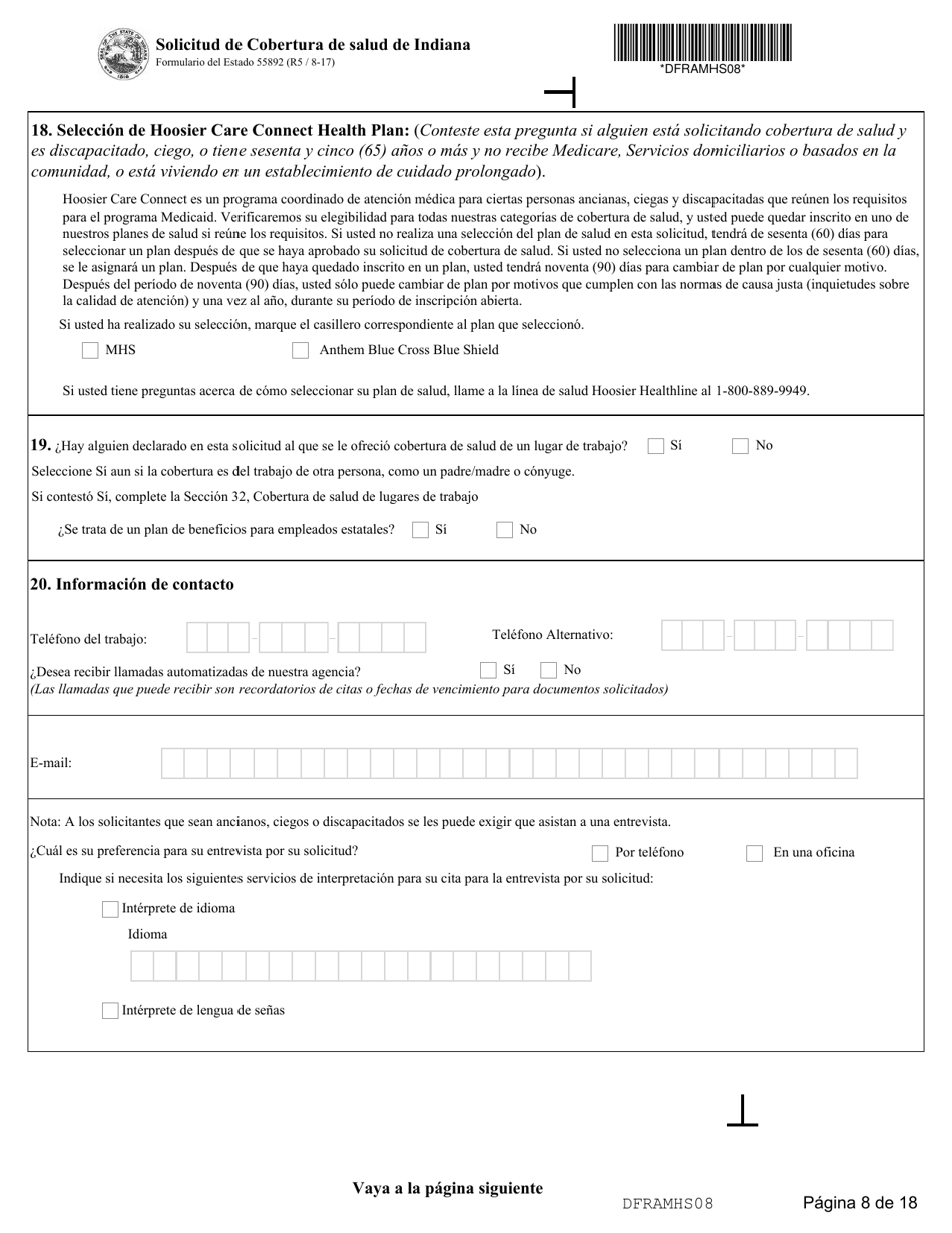 State Formulario 55390 Solicitud De Cobertura De Salud De Indiana - Indiana (Spanish), Page 8