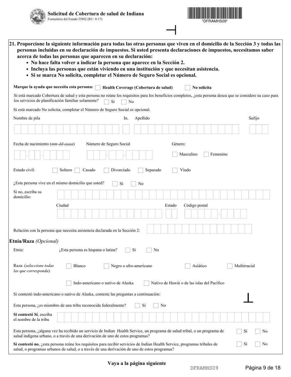 State Formulario 55390 Solicitud De Cobertura De Salud De Indiana - Indiana (Spanish), Page 9