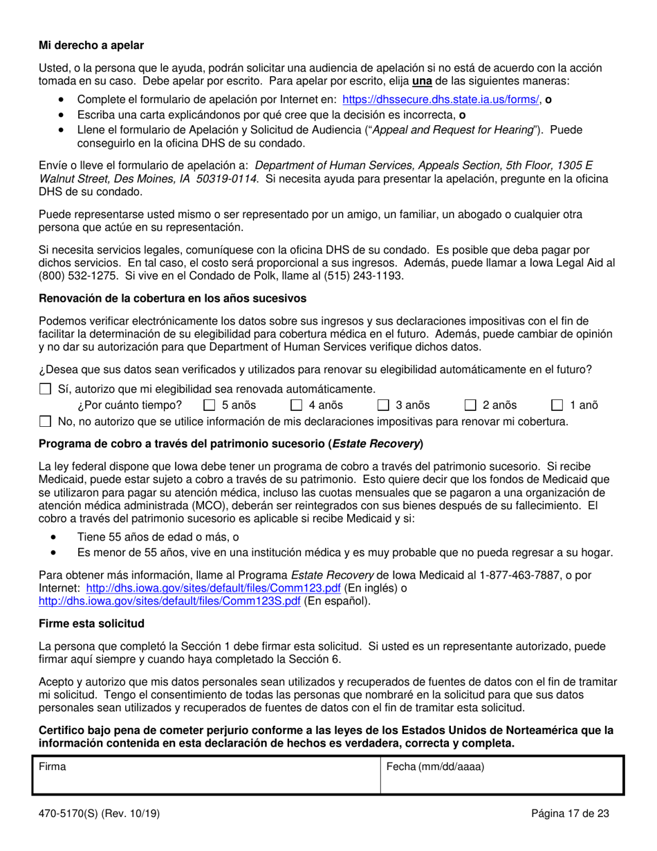 Form 470-5170(S) Solicitud De Cobertura Medica Y Asistencia Para Abonar El Costo - Iowa, Page 19