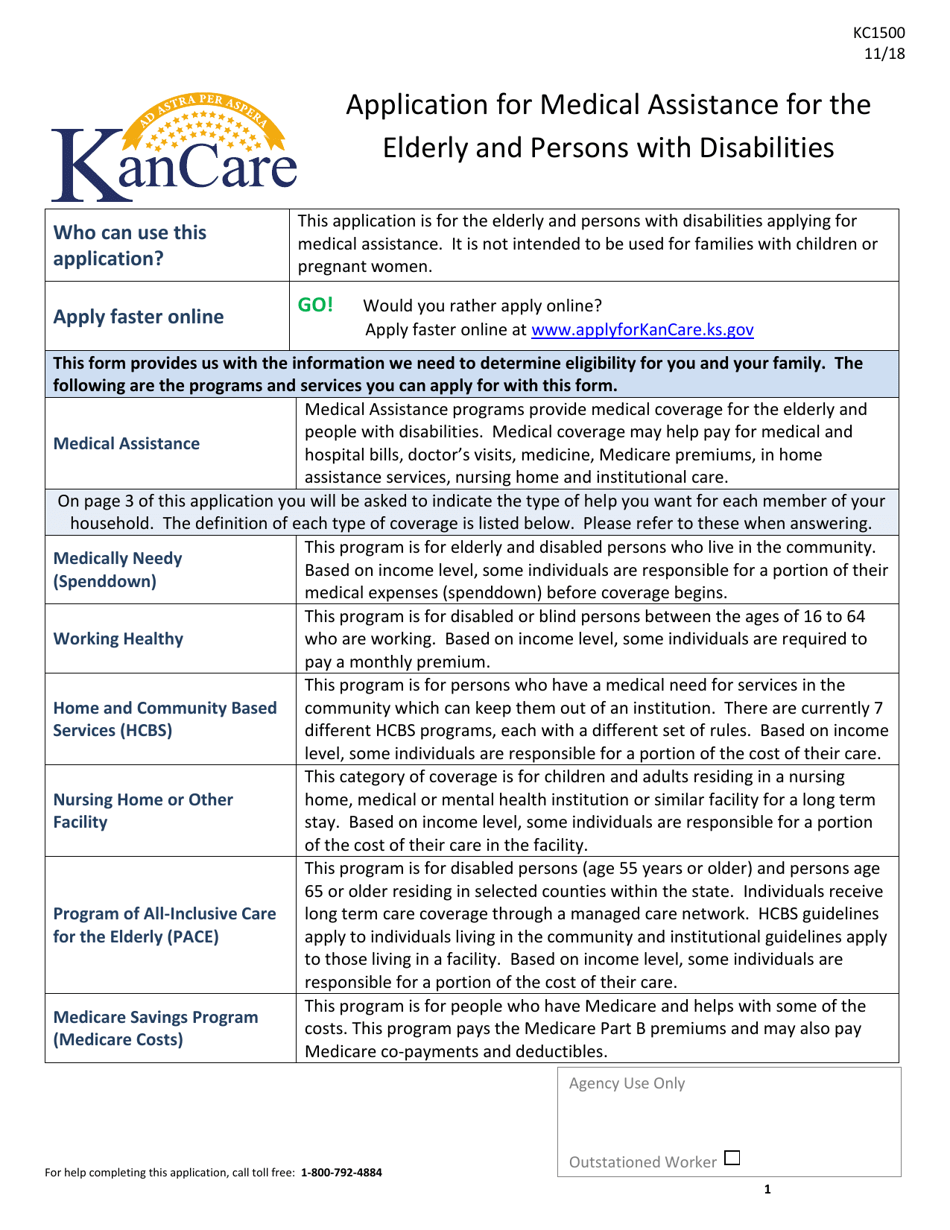 Form KC1500 Application for Medical Assistance for the Elderly and Persons With Disabilities - Kansas, Page 1