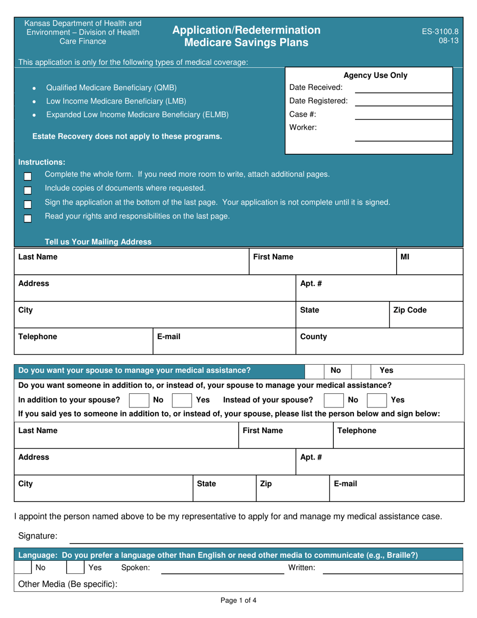 Form ES-3100.8 Application / Redetermination Medicare Savings Plans - Kansas, Page 1