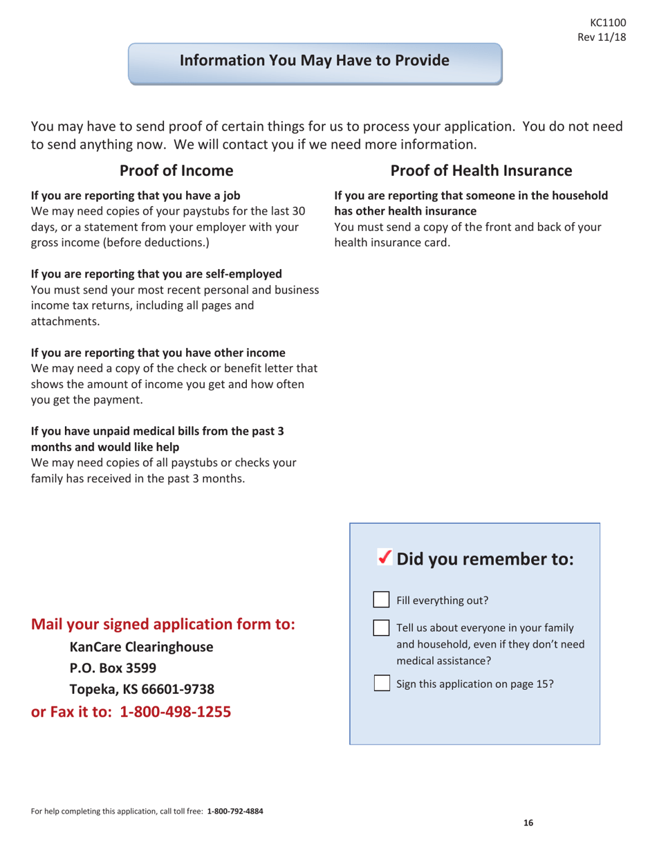 Form KC1100 Application for Medical Assistance for Families With Children - Kansas, Page 16