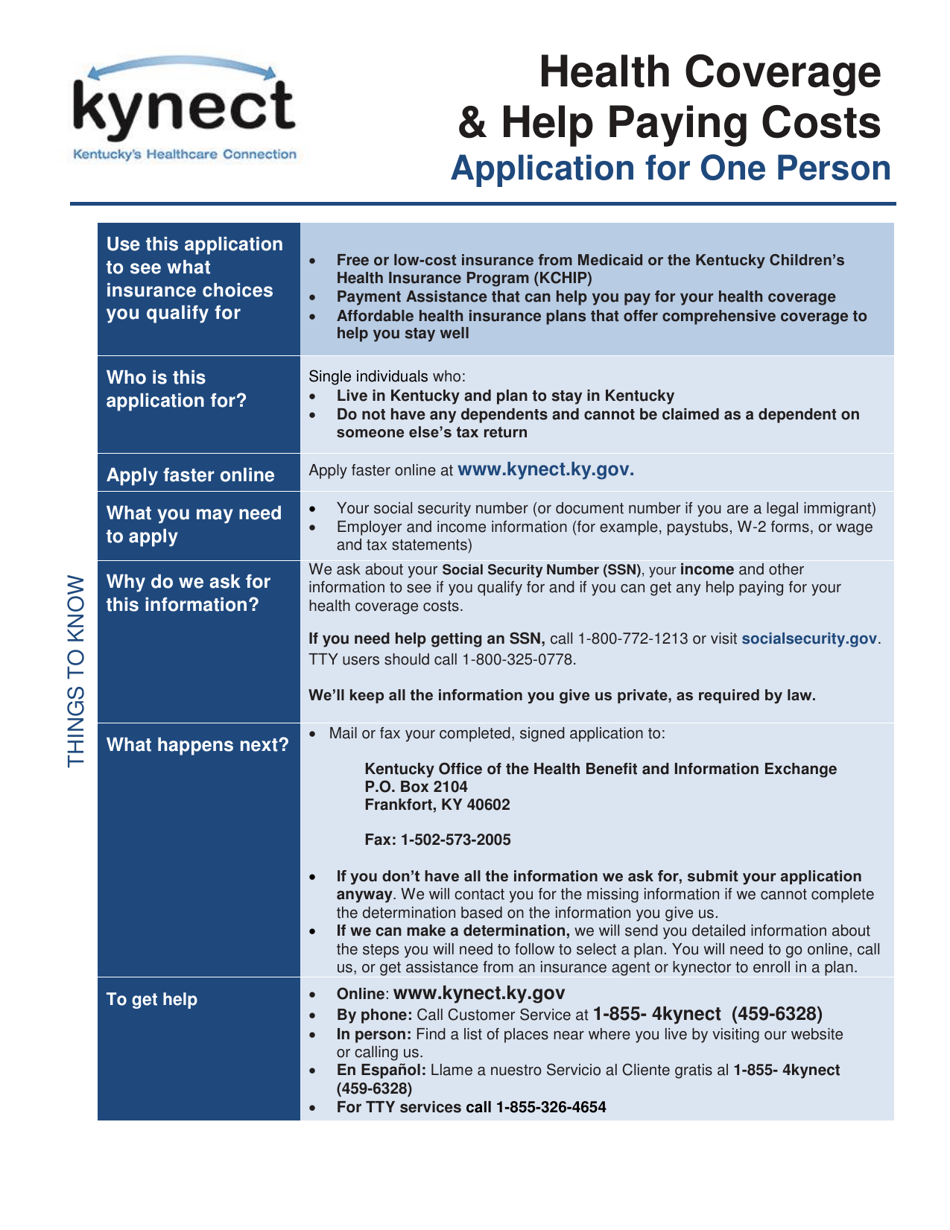 Form KHBE-I11 Health Coverage  Help Paying Costs - Application for One Person - Kentucky, Page 1