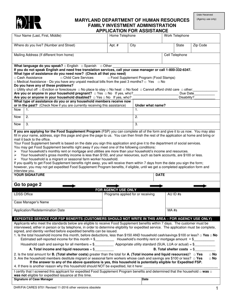 Form DHR / FIA CARES9701 Application for Assistance - Maryland, Page 1