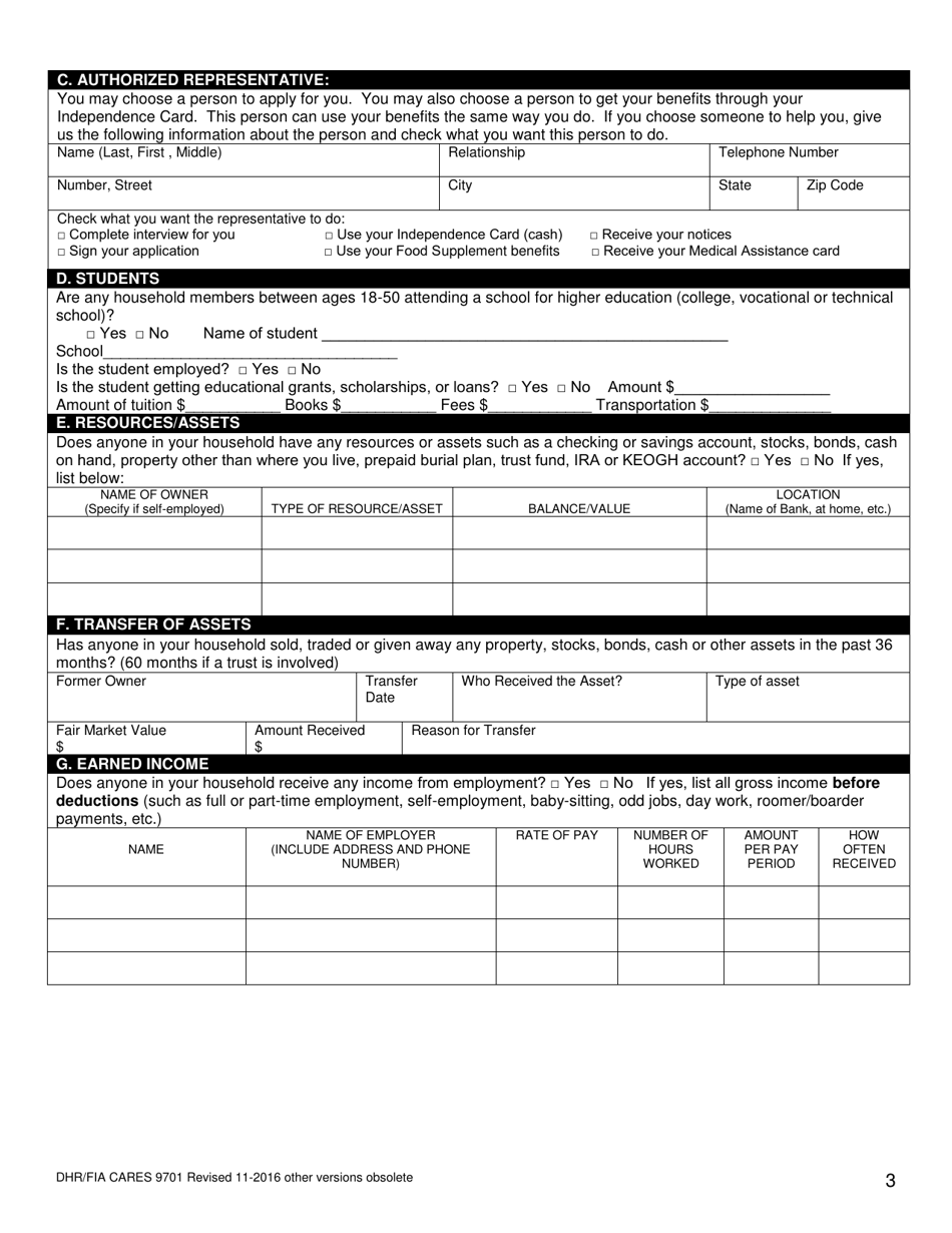 Form DHR / FIA CARES9701 Application for Assistance - Maryland, Page 3