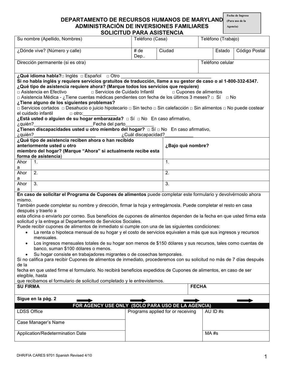 Formulario DHR / FIA CARES9701 Solicitud Para Asistencia - Maryland (Spanish), Page 2