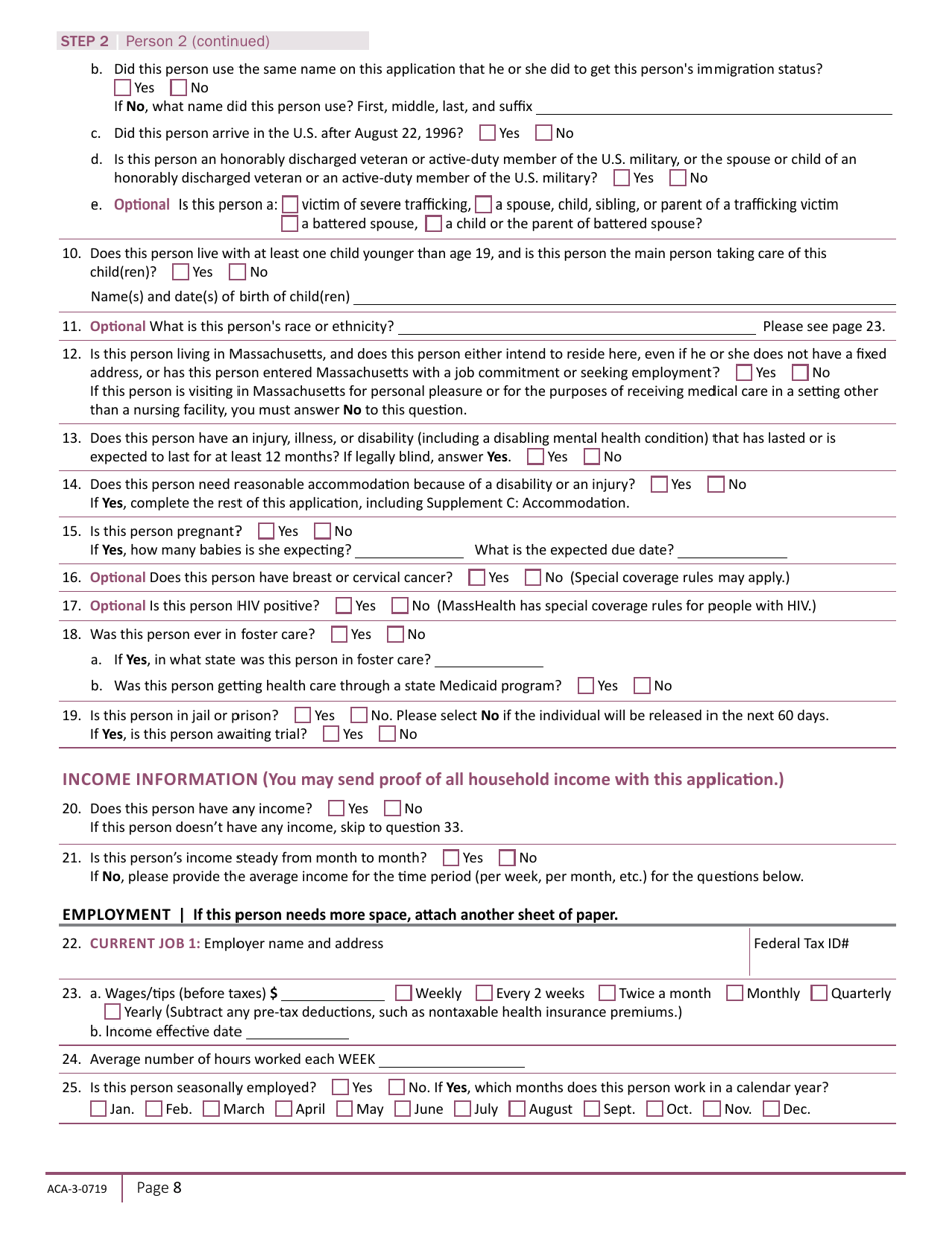 Form ACA-3-0719 Massachusetts Application for Health and Dental Coverage and Help Paying Costs - Massachusetts, Page 10