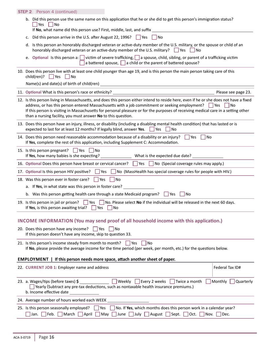Form ACA-3-0719 Massachusetts Application for Health and Dental Coverage and Help Paying Costs - Massachusetts, Page 18