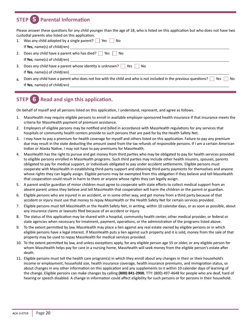 Form ACA-3-0719 Massachusetts Application for Health and Dental Coverage and Help Paying Costs - Massachusetts, Page 22