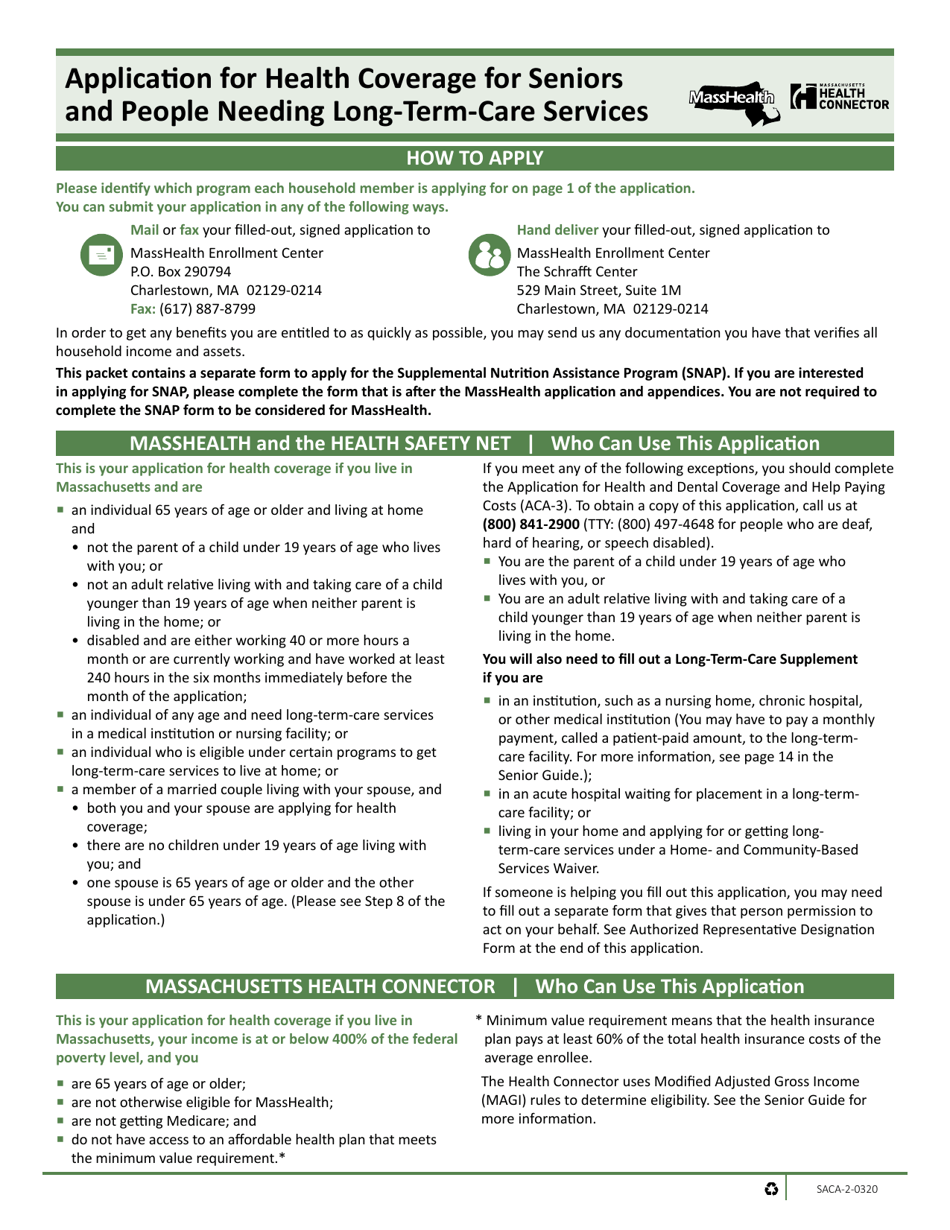 Form SACA-2-0320 Application for Health Coverage for Seniors and People Needing Long-Term-Care Services - Massachusetts, Page 1