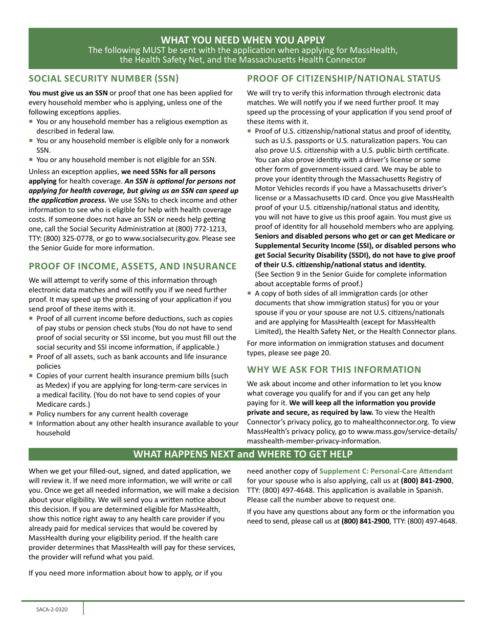 Form SACA-2-0320 Application for Health Coverage for Seniors and People Needing Long-Term-Care Services - Massachusetts, Page 2