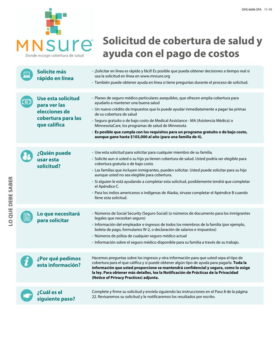 Formulario DHS-6696-SPA Solicitud De Cobertura De Salud Y Ayuda Con El Pago De Costos - Minnesota (Spanish), Page 1