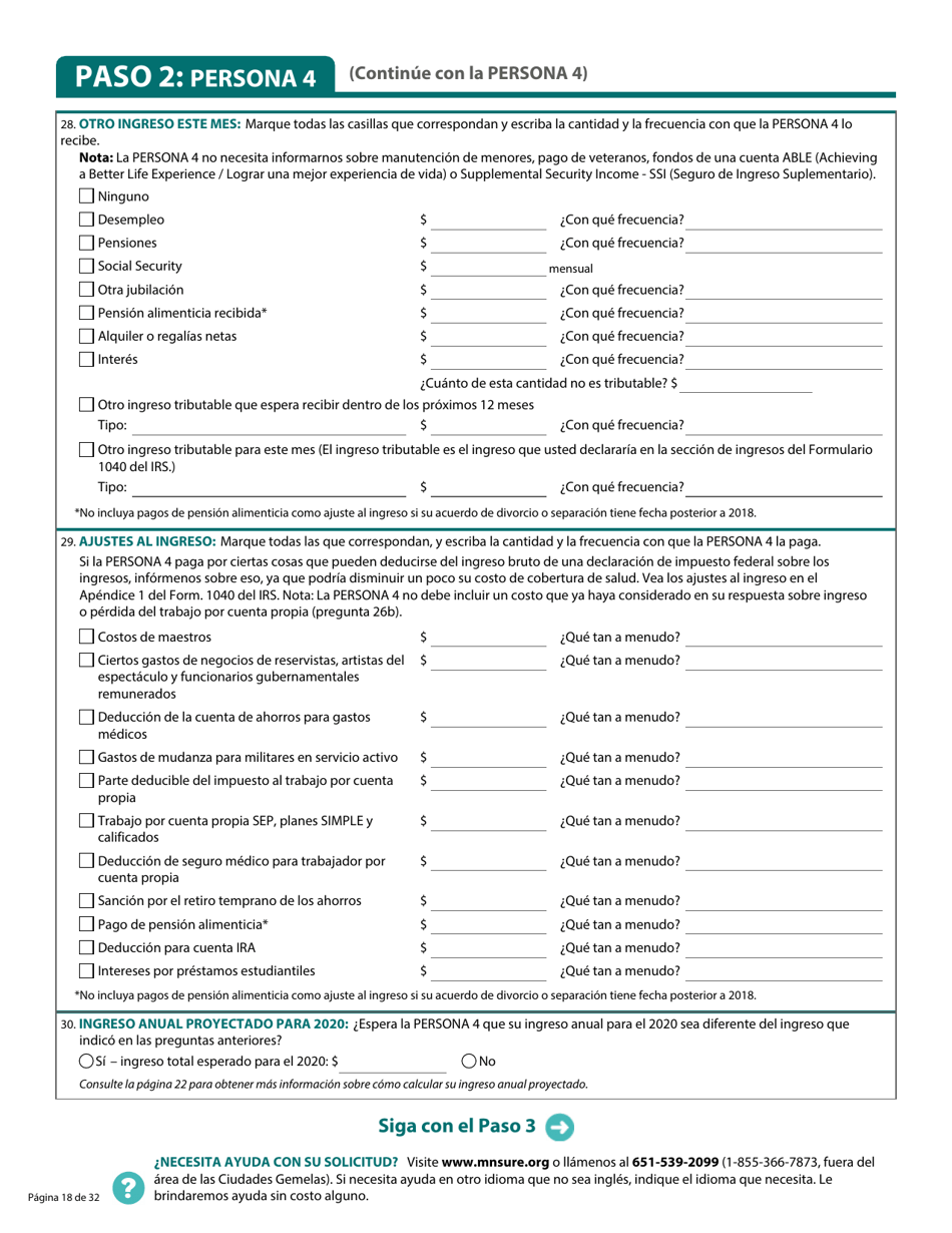 Formulario DHS-6696-SPA Solicitud De Cobertura De Salud Y Ayuda Con El Pago De Costos - Minnesota (Spanish), Page 20