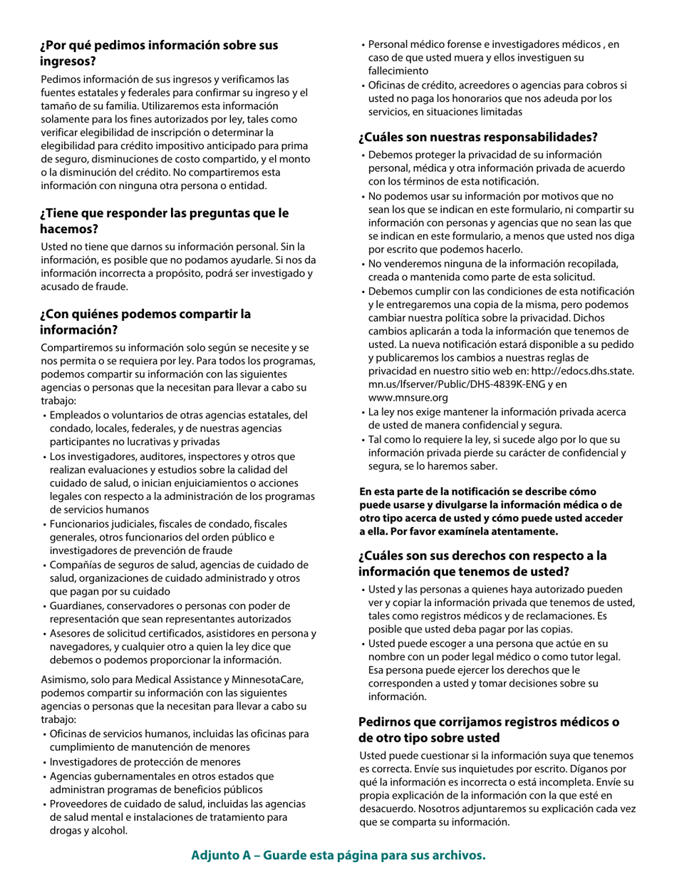 Formulario DHS-6696-SPA Solicitud De Cobertura De Salud Y Ayuda Con El Pago De Costos - Minnesota (Spanish), Page 30