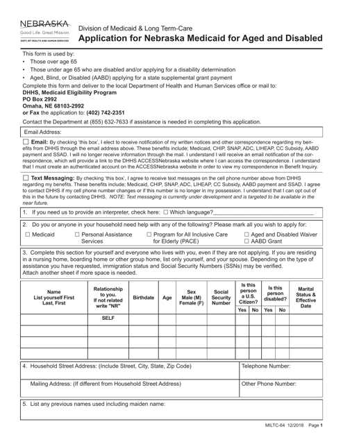 Form MILTC-64 Application for Nebraska Medicaid for Aged and Disabled - Nebraska