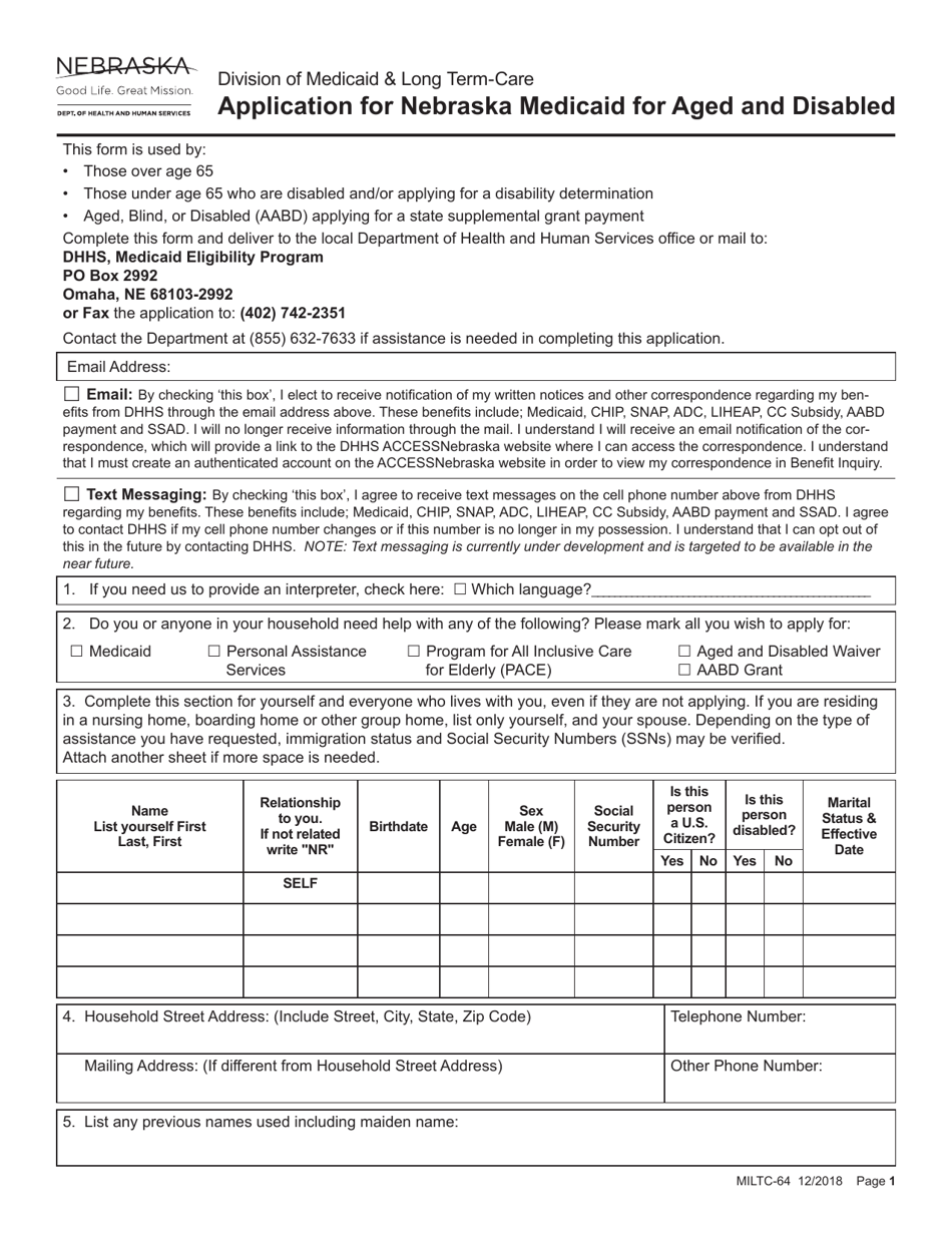 Form MILTC-64 Application for Nebraska Medicaid for Aged and Disabled - Nebraska, Page 1