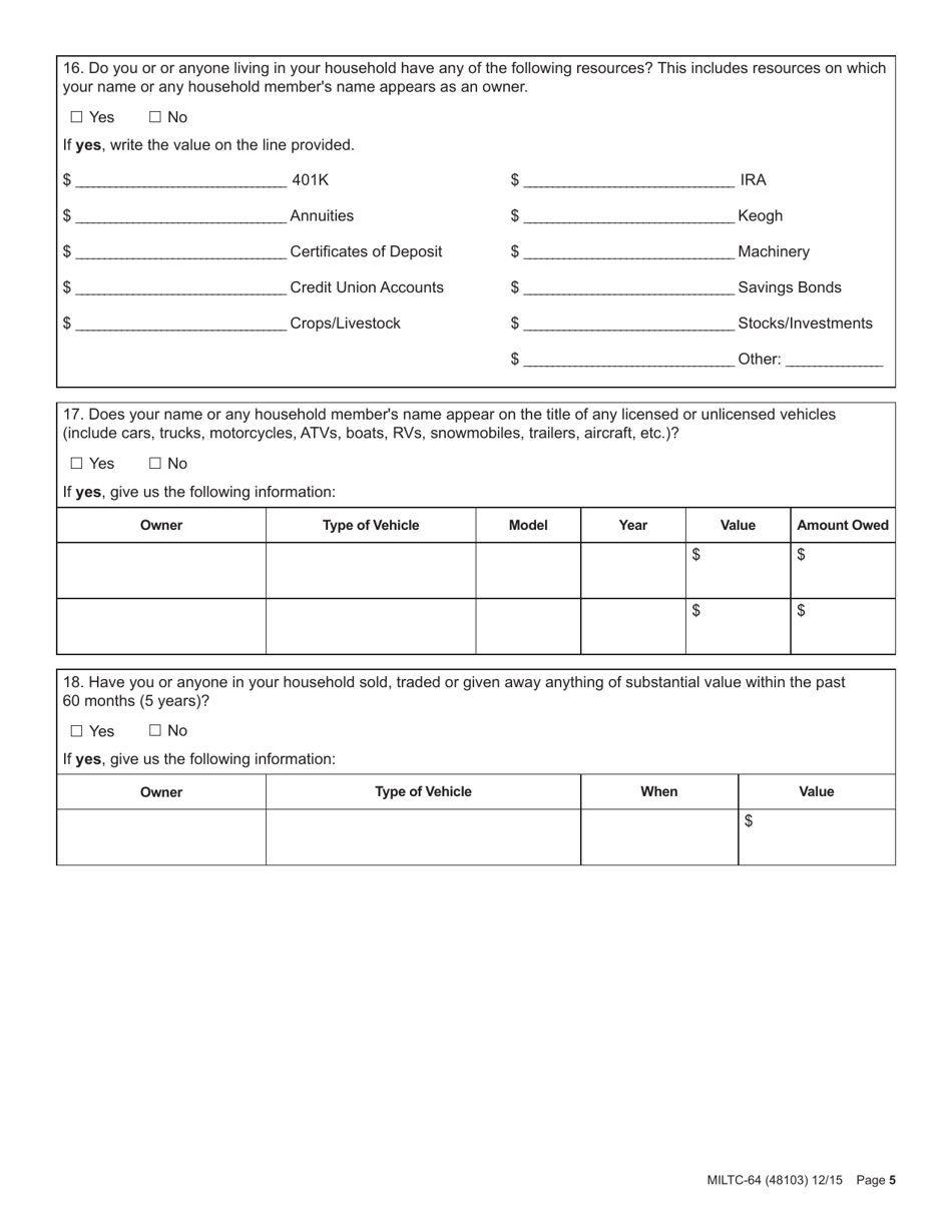 Form MILTC-64 Application for Nebraska Medicaid for Aged and Disabled - Nebraska, Page 5