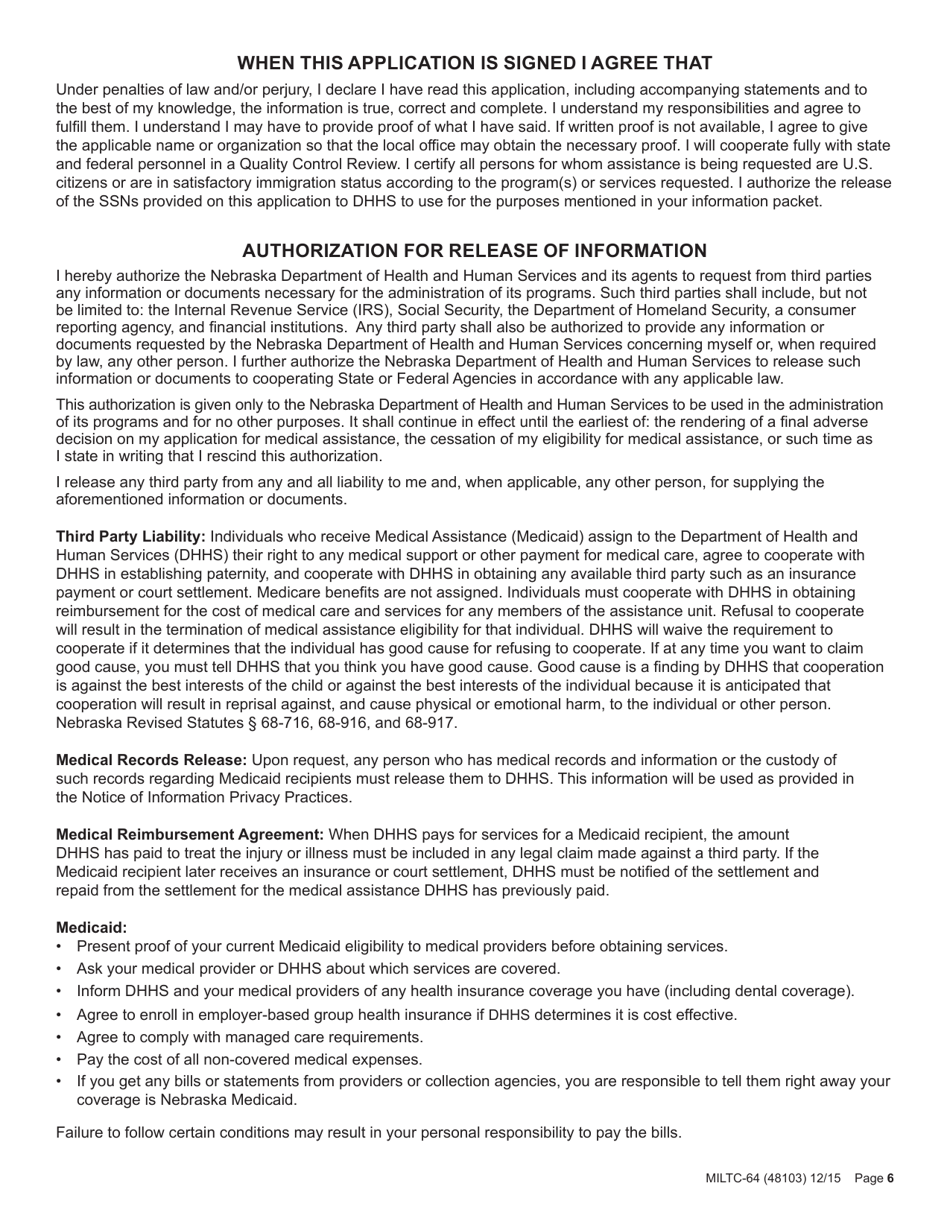 Form MILTC-64 Application for Nebraska Medicaid for Aged and Disabled - Nebraska, Page 6