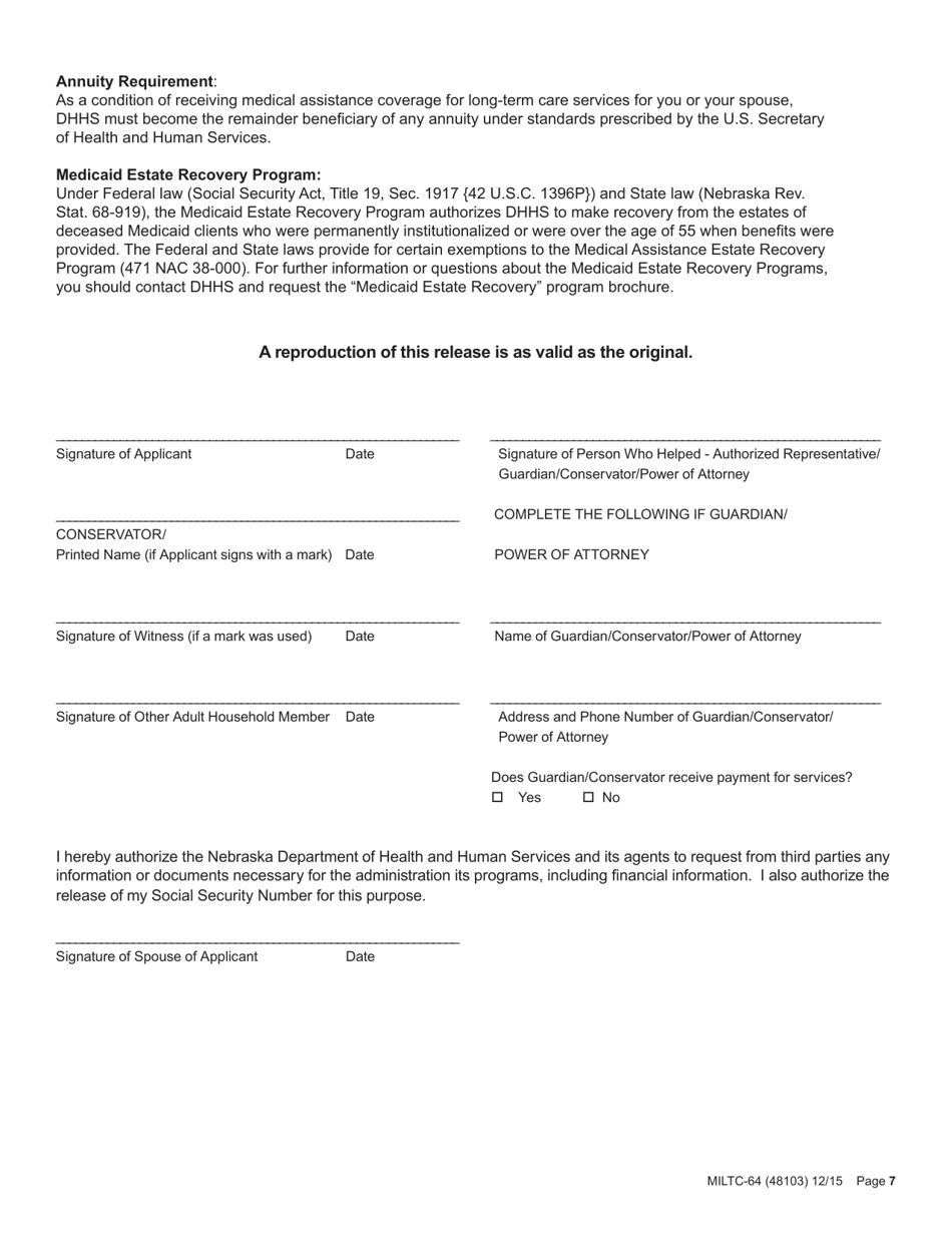 Form MILTC-64 Application for Nebraska Medicaid for Aged and Disabled - Nebraska, Page 7