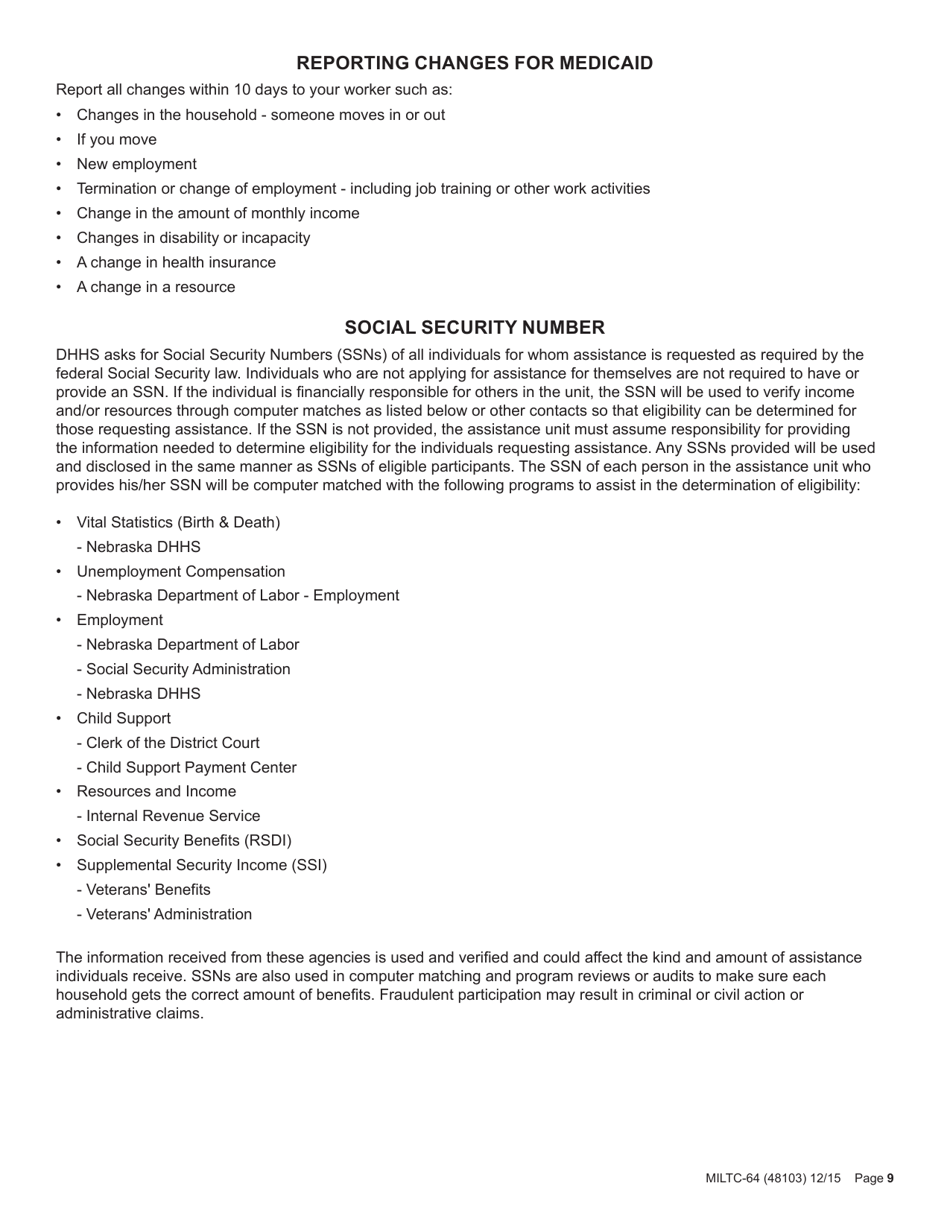Form MILTC-64 Application for Nebraska Medicaid for Aged and Disabled - Nebraska, Page 9