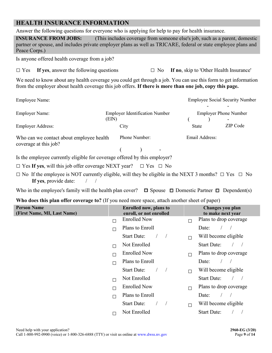 Form 2960-EG Application for Health Insurance - Nevada, Page 9
