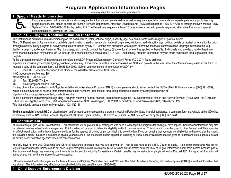 Form HSD100 Application for Assistance - New Mexico, Page 16
