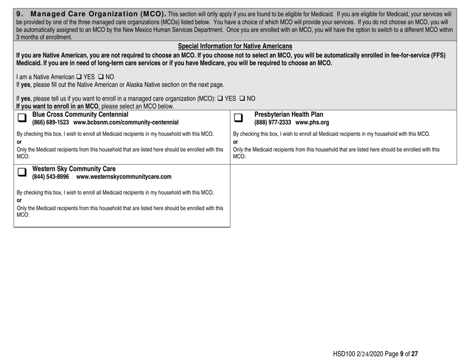 Form HSD100 Application for Assistance - New Mexico, Page 9