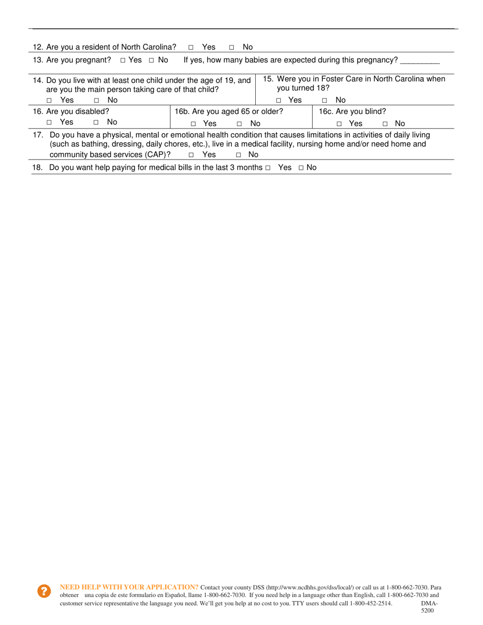 Form DMA-5200 Application for Health Coverage  Help Paying Costs - North Carolina, Page 4