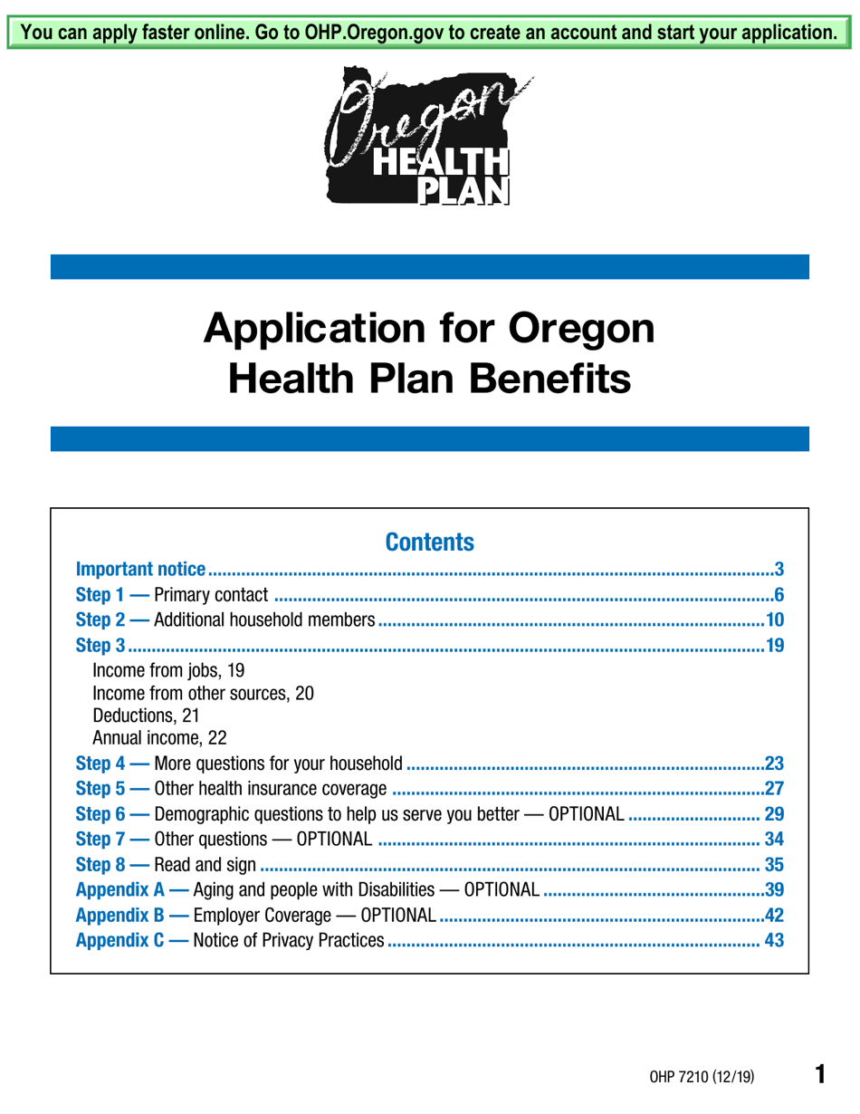 Form OHP7210 Application for Oregon Health Plan Benefits - Oregon, Page 1