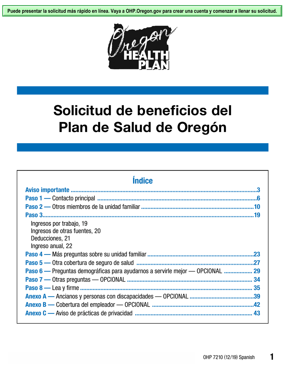 Formulario OHP7210 Solicitud De Beneficios Del Plan De Salud De Oregon - Oregon (Spanish), Page 1