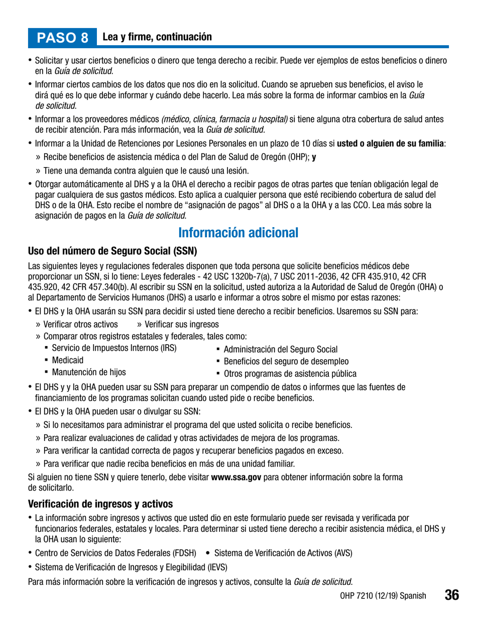 Formulario OHP7210 Solicitud De Beneficios Del Plan De Salud De Oregon - Oregon (Spanish), Page 36