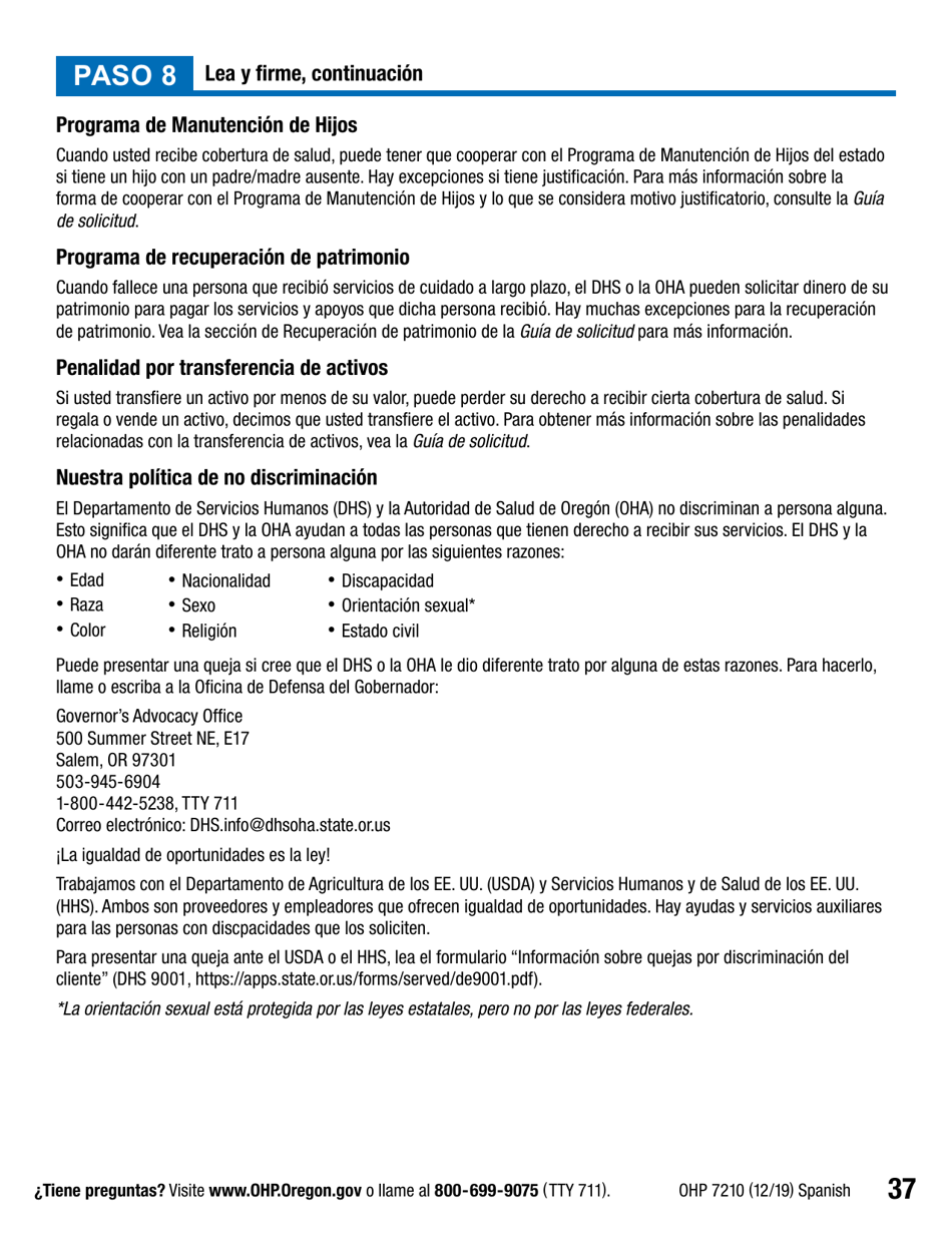 Formulario OHP7210 Solicitud De Beneficios Del Plan De Salud De Oregon - Oregon (Spanish), Page 37