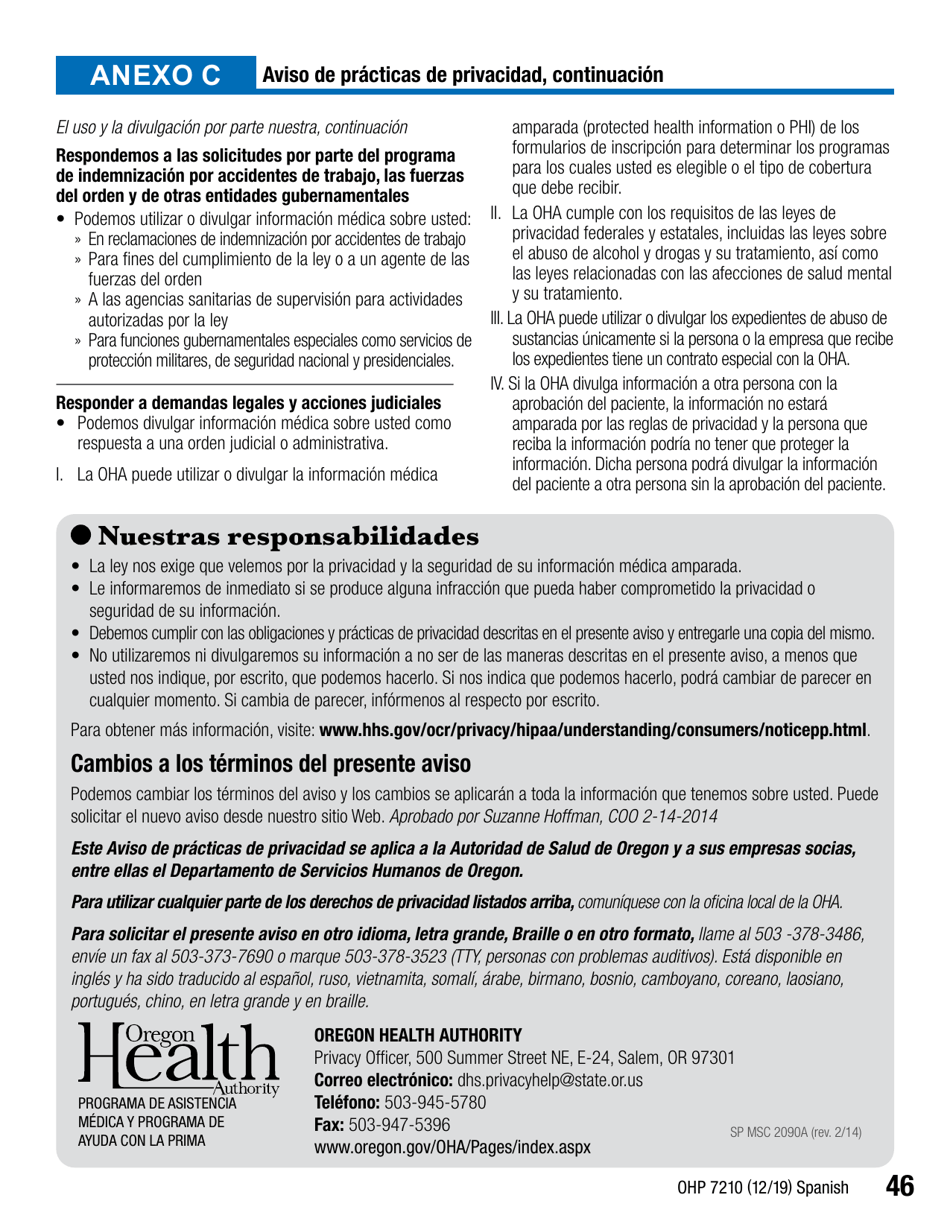 Formulario OHP7210 Solicitud De Beneficios Del Plan De Salud De Oregon - Oregon (Spanish), Page 46