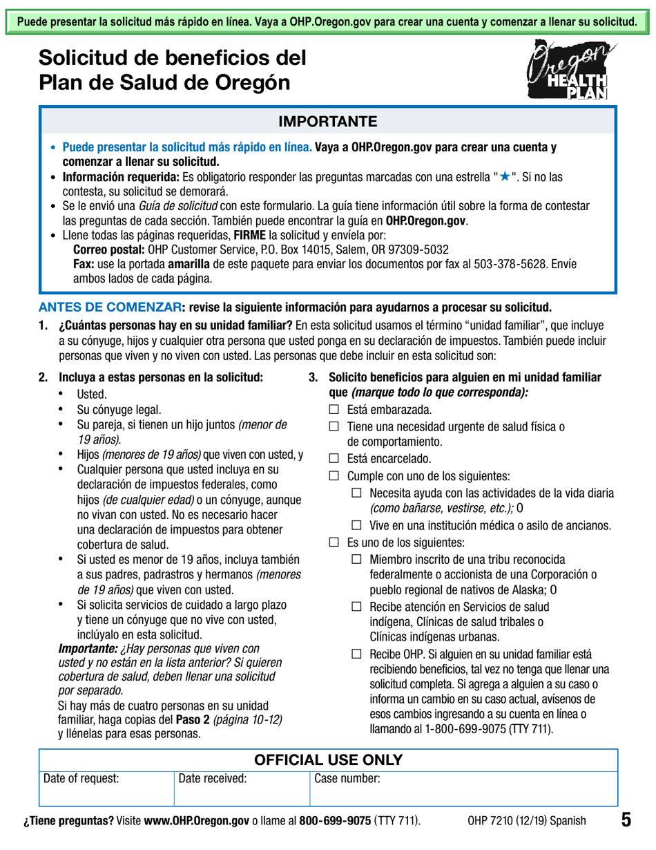 Formulario OHP7210 Solicitud De Beneficios Del Plan De Salud De Oregon - Oregon (Spanish), Page 5