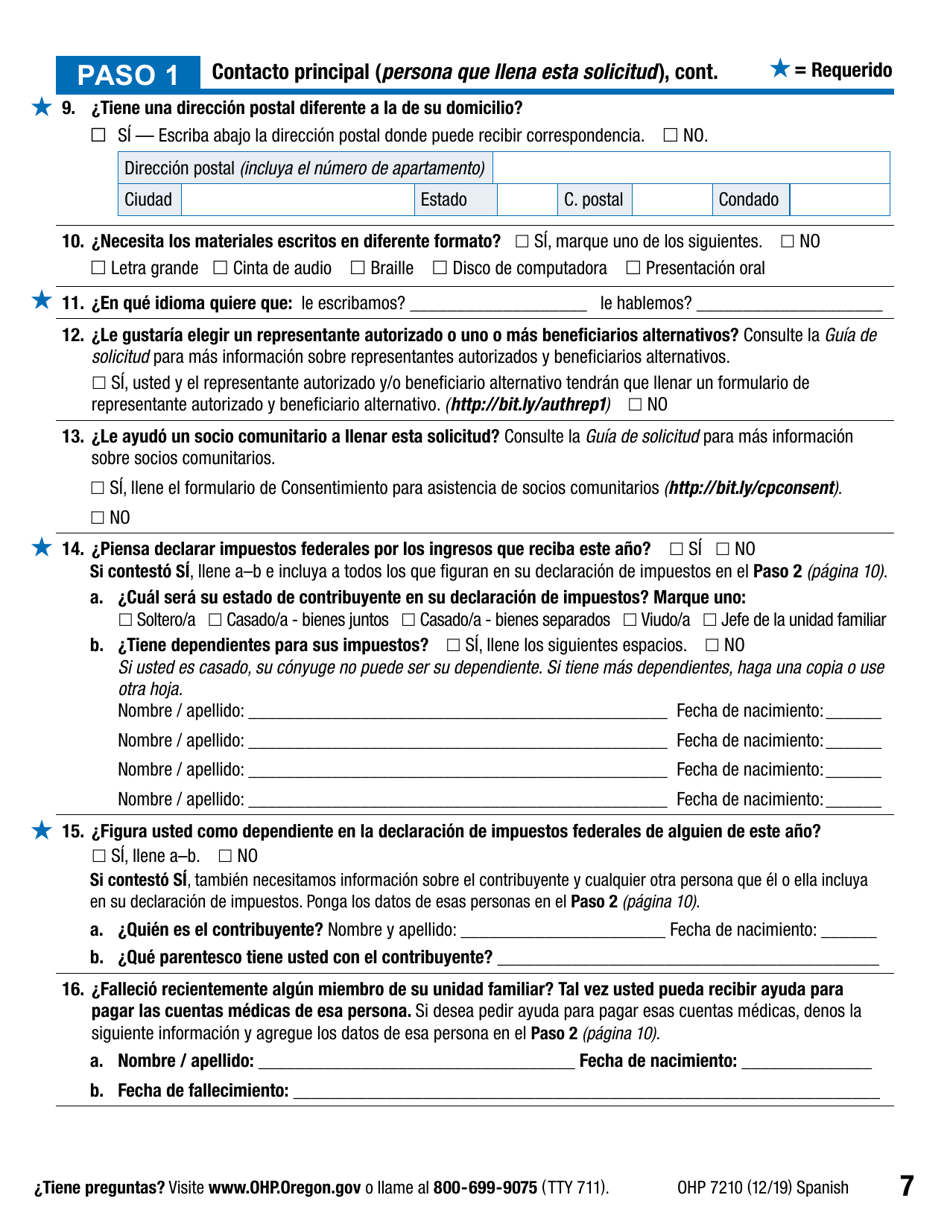 Formulario OHP7210 Solicitud De Beneficios Del Plan De Salud De Oregon - Oregon (Spanish), Page 7