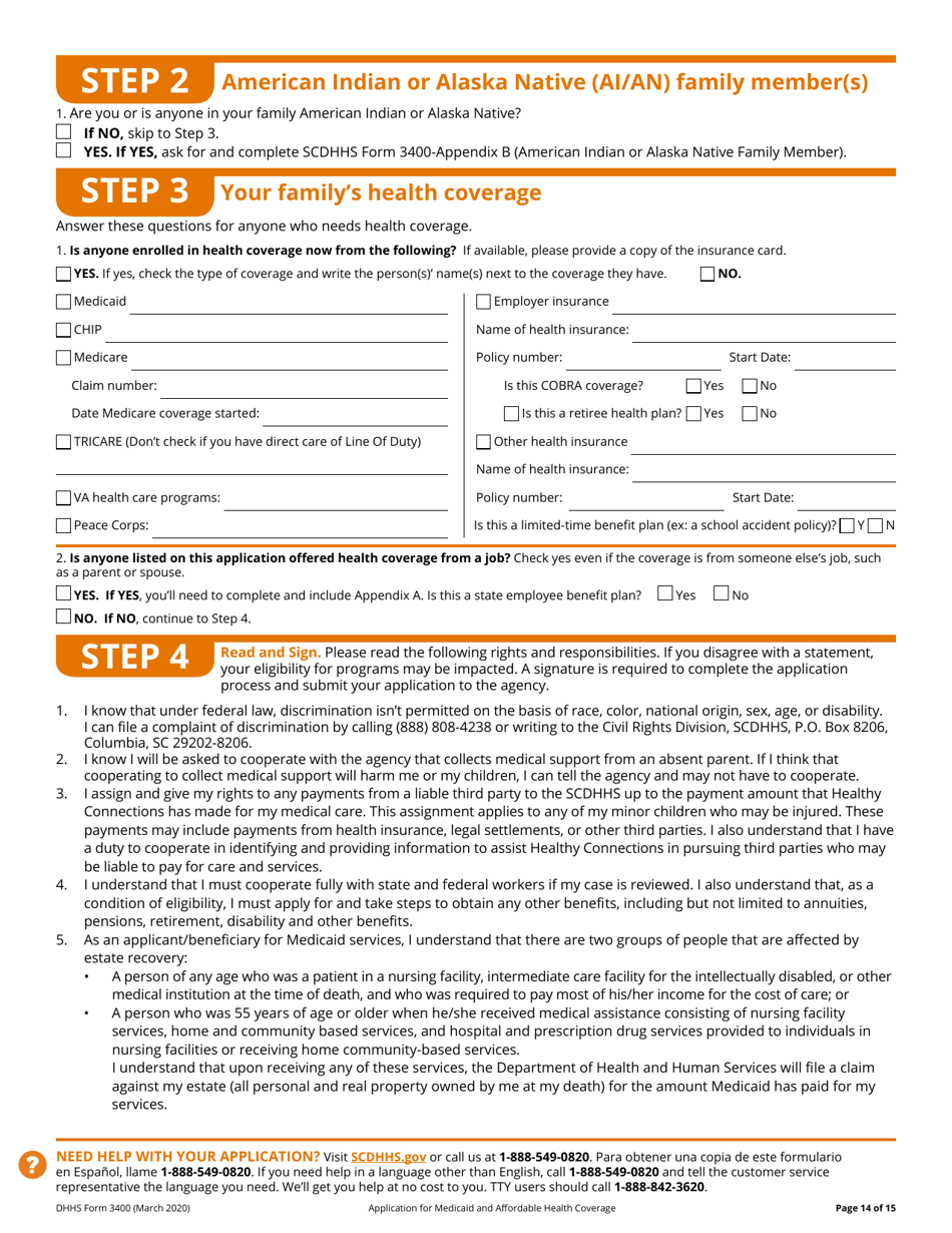 DHHS Form 3400 Application for Medicaid and Affordable Health Coverage - South Carolina, Page 14