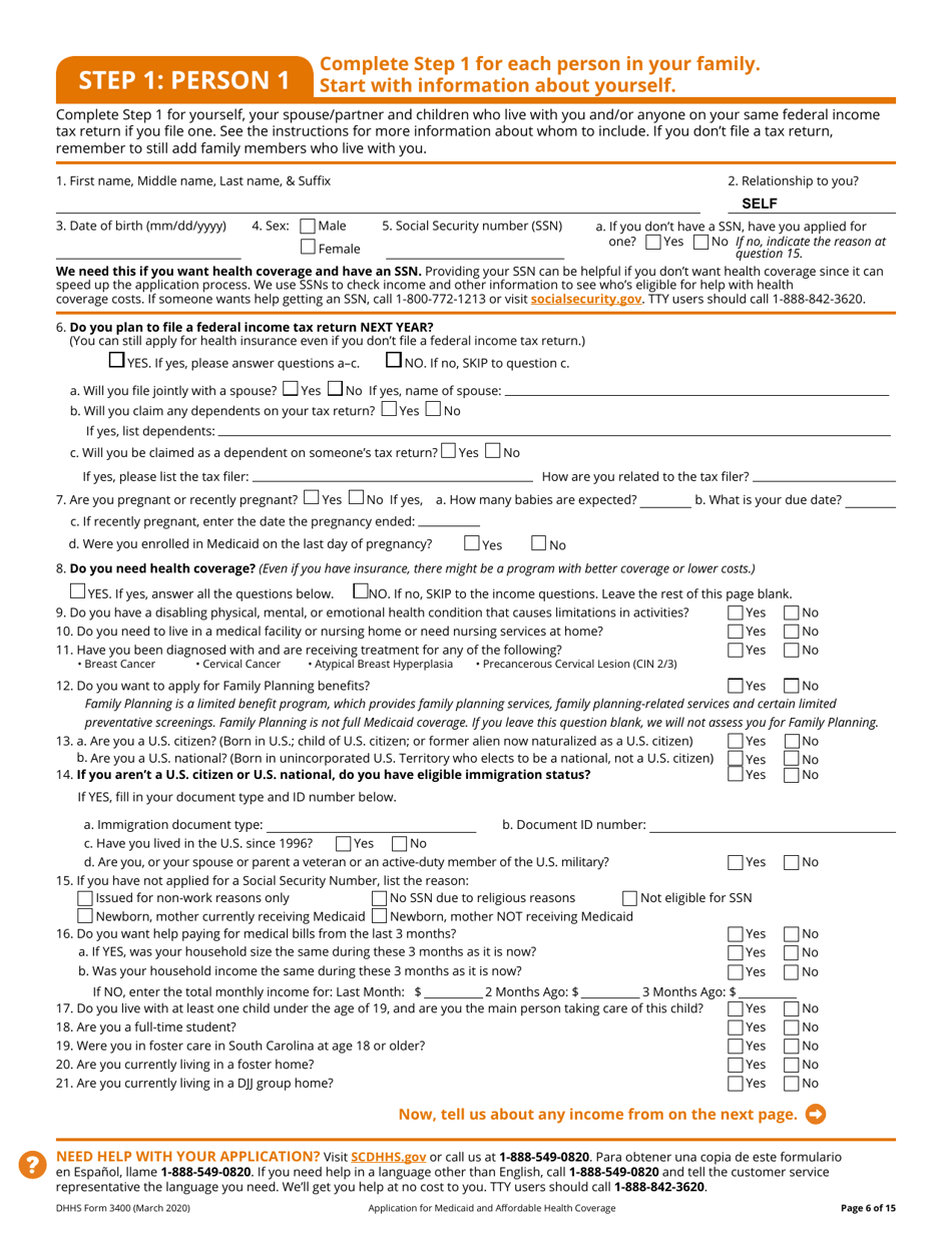 DHHS Form 3400 Application for Medicaid and Affordable Health Coverage - South Carolina, Page 6