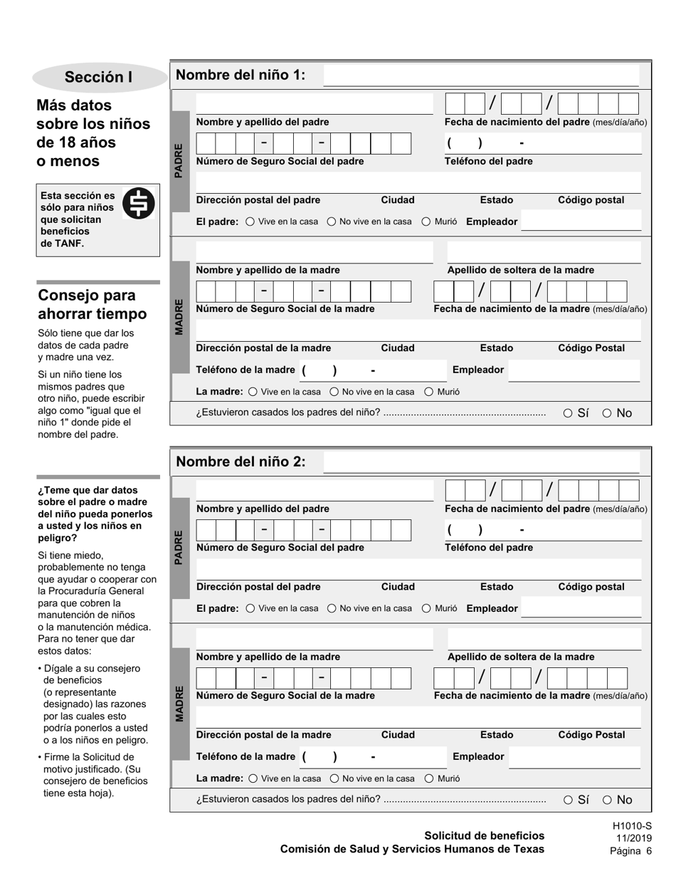Formulario H1010-S Solicitud De Beneficios De Comida Del Programa Snap, Medicaid Y Chip, or Ayuda De Dinero En Efectivo De TANF Para Familias - Texas (Spanish), Page 10