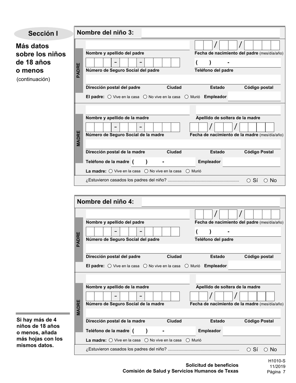 Formulario H1010-S Solicitud De Beneficios De Comida Del Programa Snap, Medicaid Y Chip, or Ayuda De Dinero En Efectivo De TANF Para Familias - Texas (Spanish), Page 11
