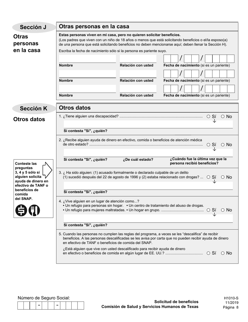 Formulario H1010-S Solicitud De Beneficios De Comida Del Programa Snap, Medicaid Y Chip, or Ayuda De Dinero En Efectivo De TANF Para Familias - Texas (Spanish), Page 12