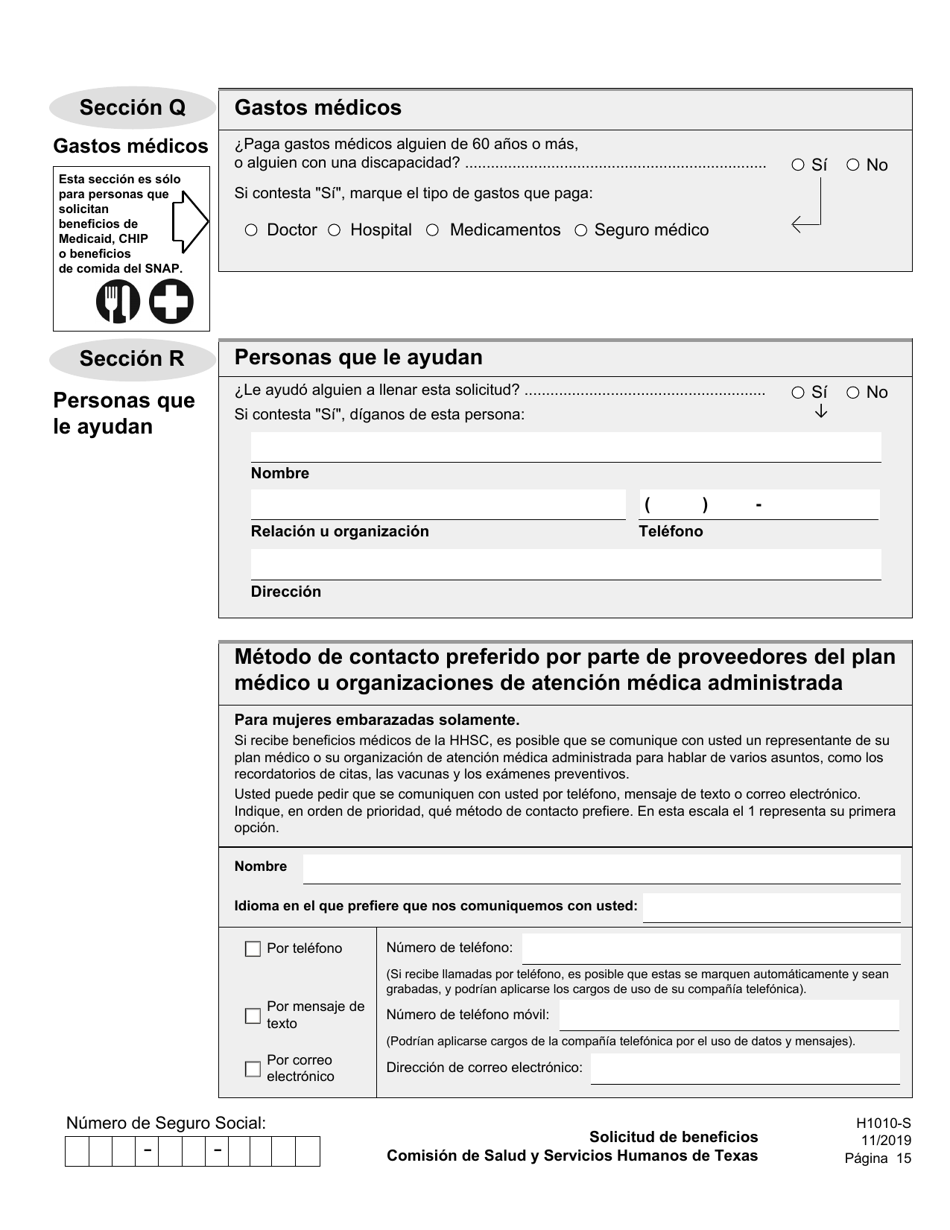 Formulario H1010-S Solicitud De Beneficios De Comida Del Programa Snap, Medicaid Y Chip, or Ayuda De Dinero En Efectivo De TANF Para Familias - Texas (Spanish), Page 19
