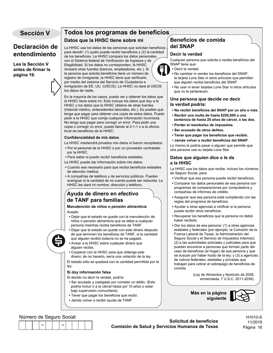 Formulario H1010-S Solicitud De Beneficios De Comida Del Programa Snap, Medicaid Y Chip, or Ayuda De Dinero En Efectivo De TANF Para Familias - Texas (Spanish), Page 22