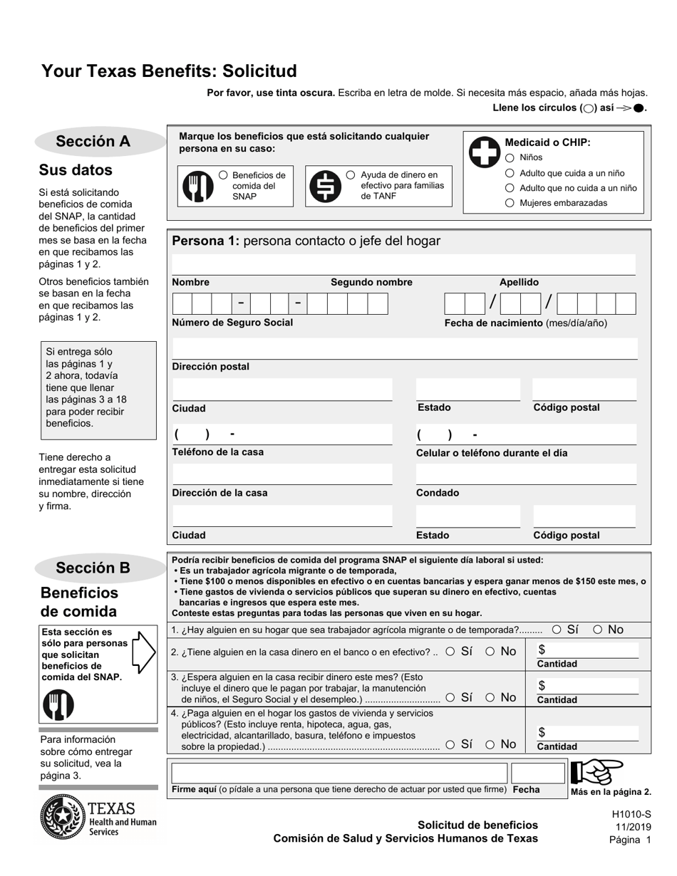 Formulario H1010-S Solicitud De Beneficios De Comida Del Programa Snap, Medicaid Y Chip, or Ayuda De Dinero En Efectivo De TANF Para Familias - Texas (Spanish), Page 5