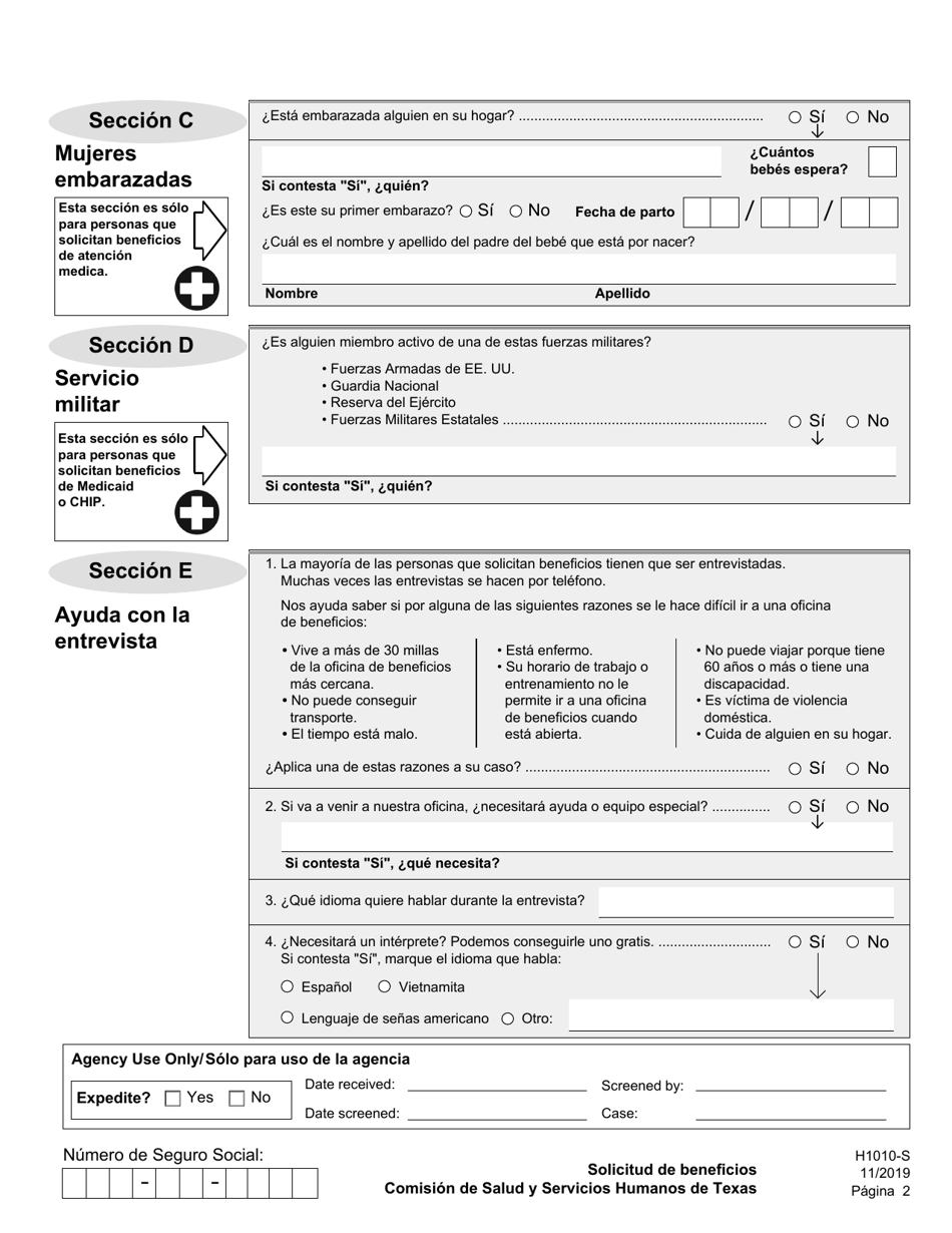 Formulario H1010-S Solicitud De Beneficios De Comida Del Programa Snap, Medicaid Y Chip, or Ayuda De Dinero En Efectivo De TANF Para Familias - Texas (Spanish), Page 6
